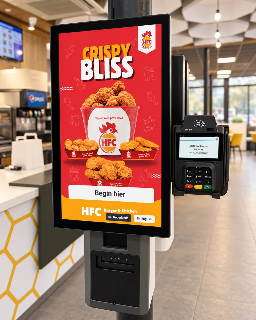 Een Foodyx-bestelzuil in een restaurant, met het menu op het staande scherm, een knop om te beginnen, een pinautomaat ernaast en een bonprinter eronder.