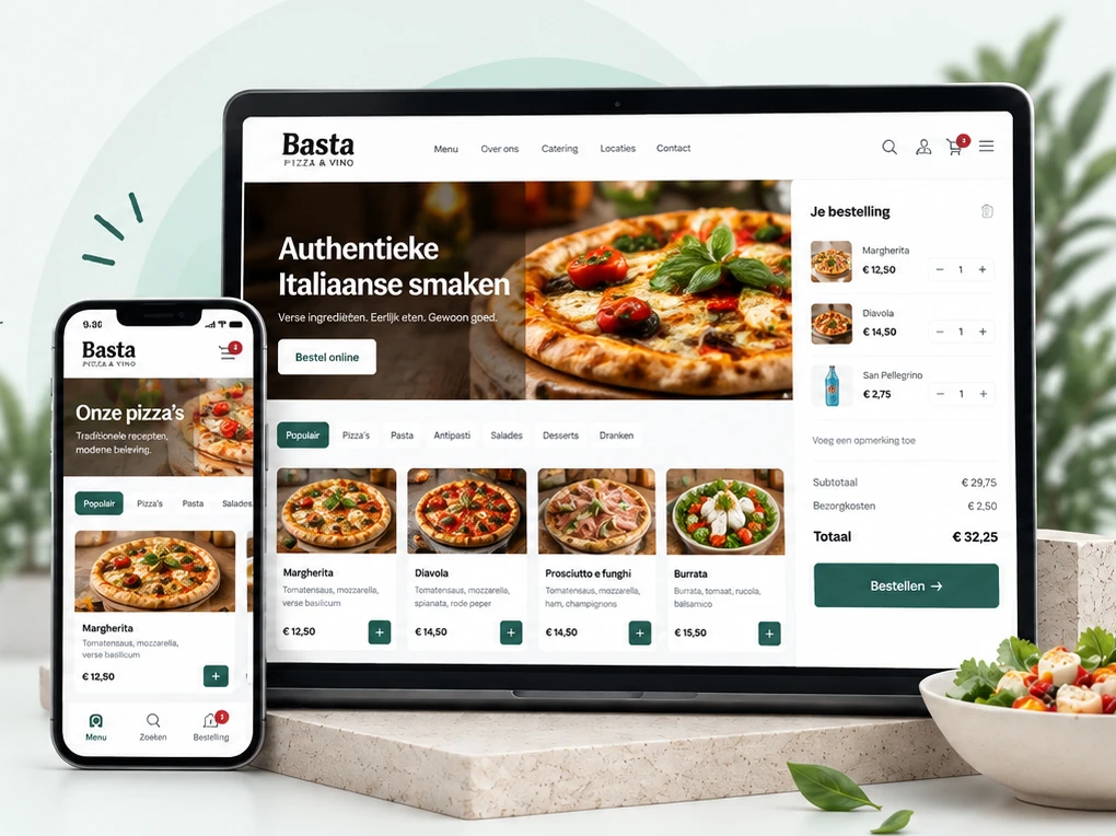 Illustratie van een restaurantwebshop op een laptop en een telefoon