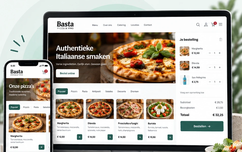Voorbeeldweergave van een restaurantwebshop op een laptop en een telefoon, met menucategorieën, producten en een bestelling met totaalbedrag.