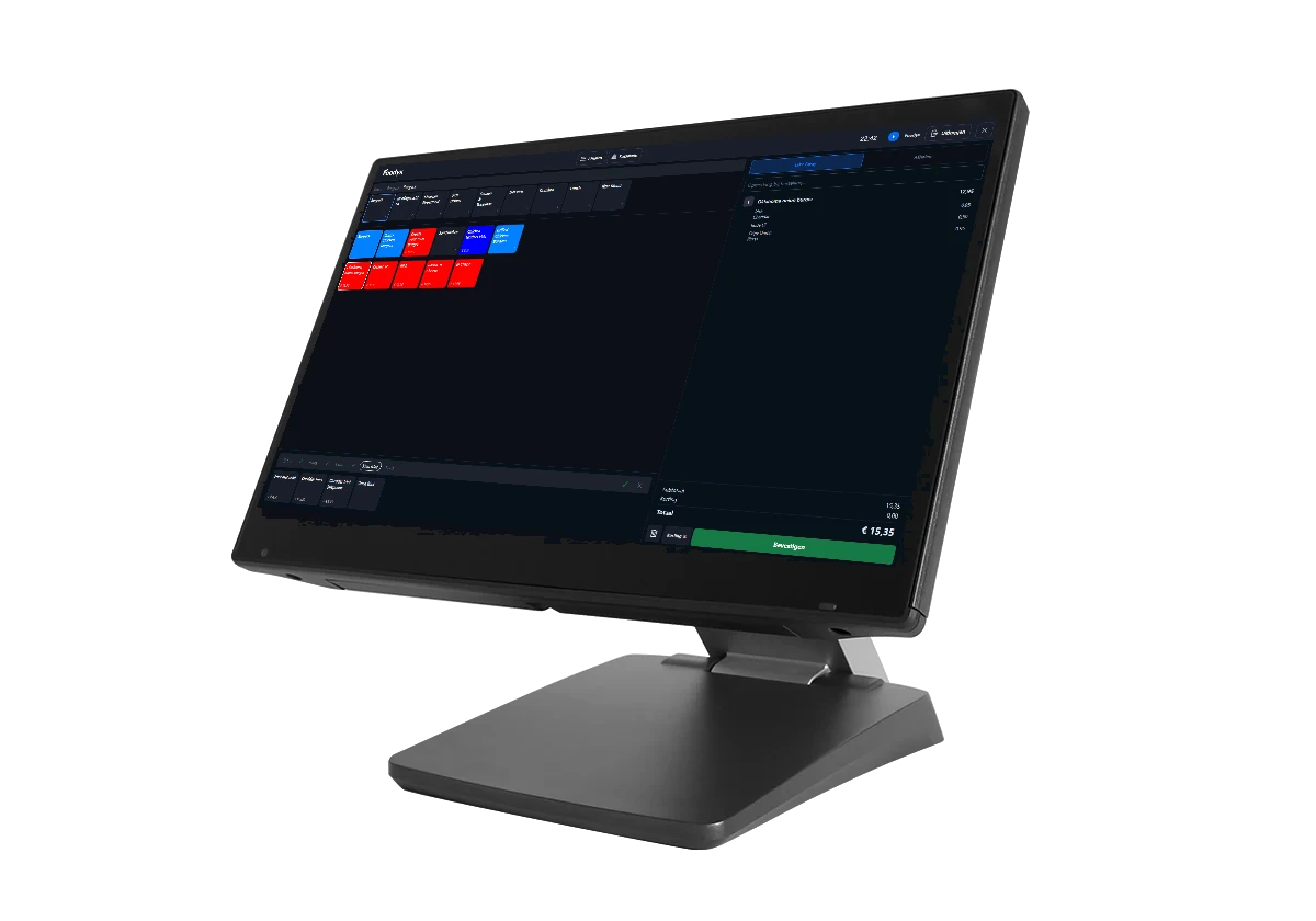 Foodyx POS op een touchscreen-kassasysteem met standaard