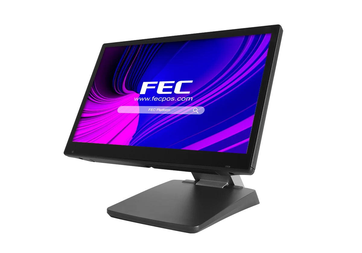 Een touchscreen-kassasysteem van FEC op een standaard.