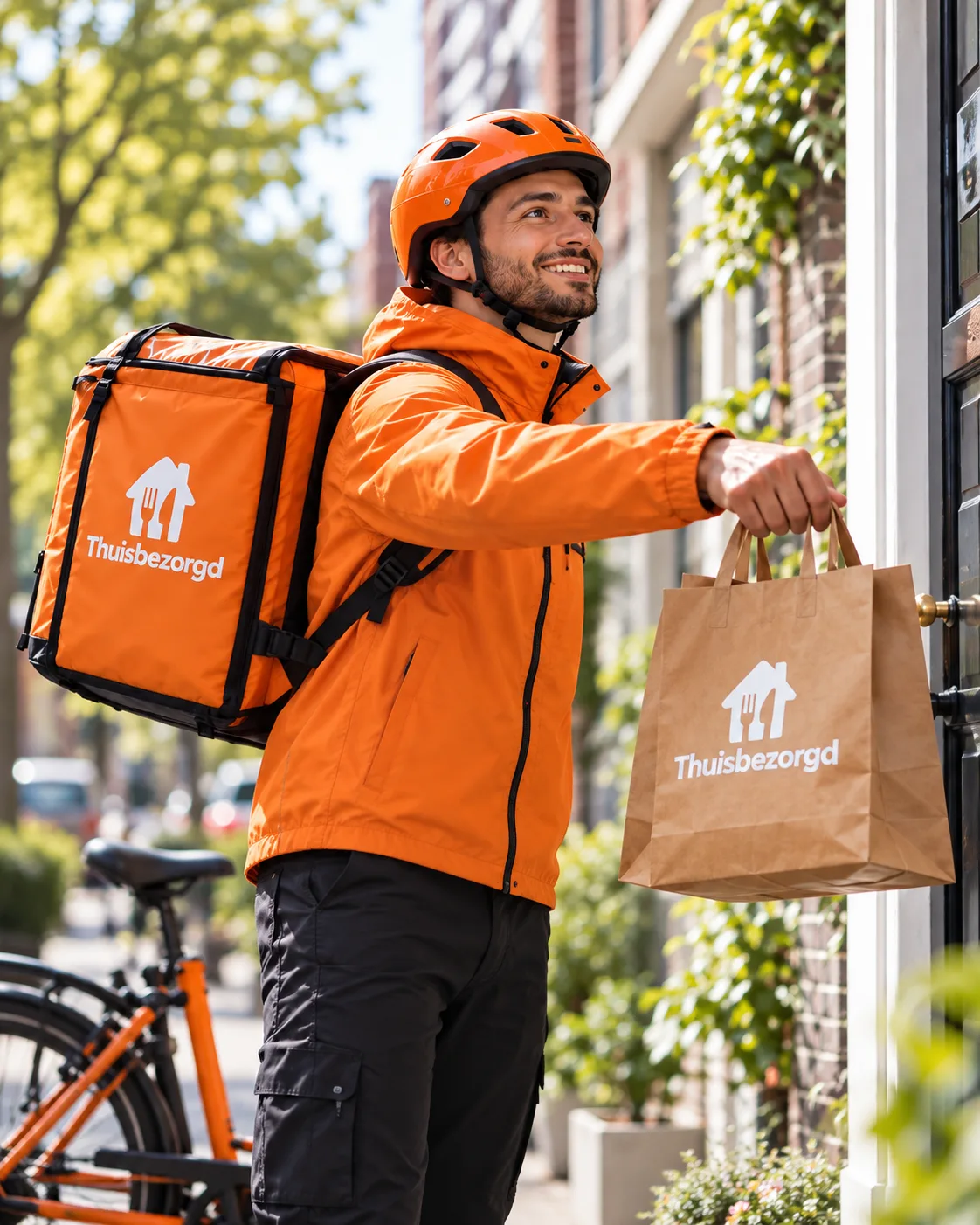 Thuisbezorgd-bezorger in oranje jas en helm overhandigt een bestelling in een papieren tas bij de voordeur